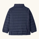 Back of Patagonia water repellent little kids down puffer sweater jacket in navy showing quilt stitching construction 