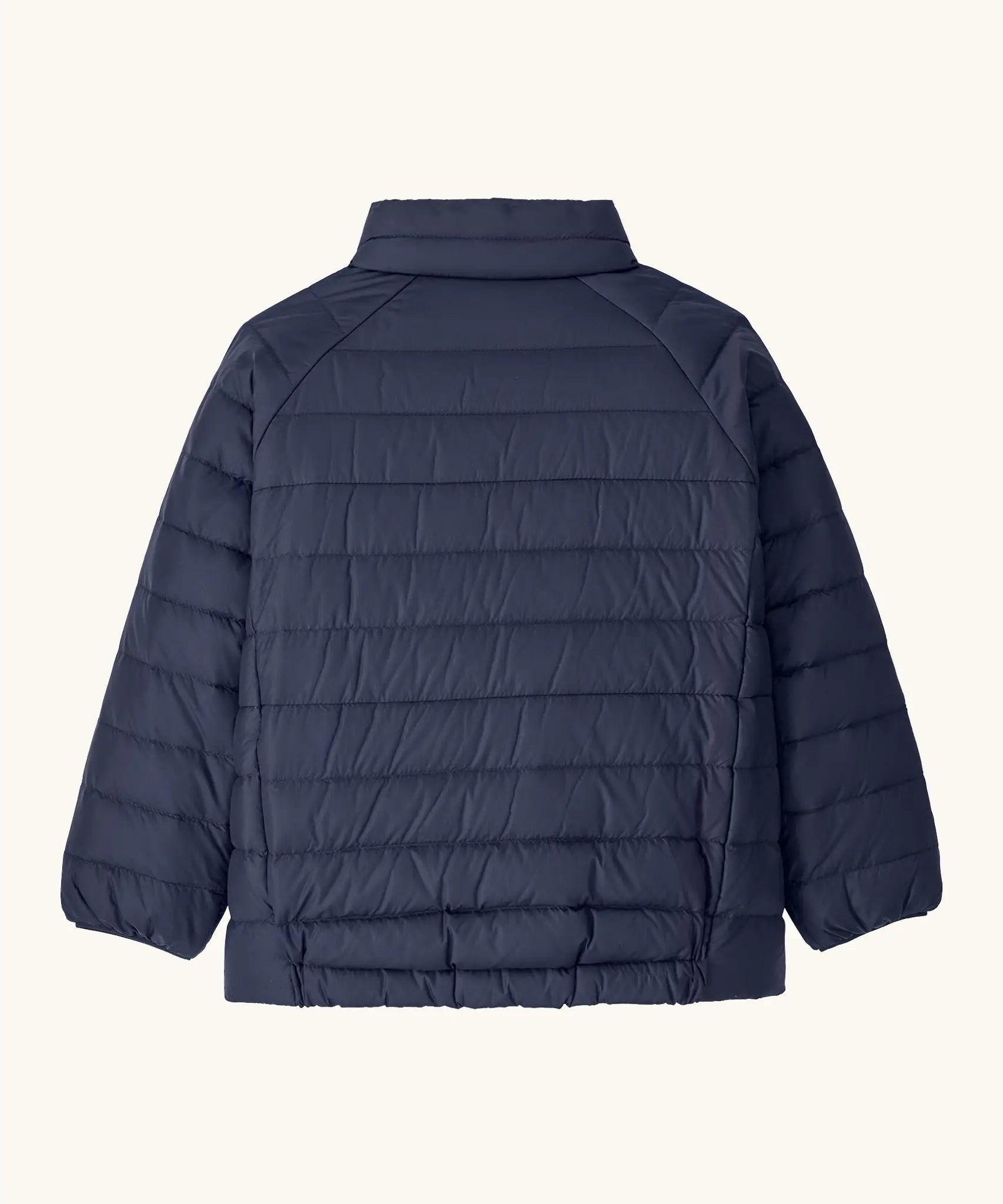 Back of Patagonia water repellent little kids down puffer sweater jacket in navy showing quilt stitching construction 