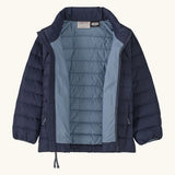 An open Patagonia water repellent little kids down puffer sweater jacket in navy showing quilt construction stitching and stand up collar