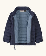 An open Patagonia water repellent little kids down puffer sweater jacket in navy showing quilt construction stitching and stand up collar
