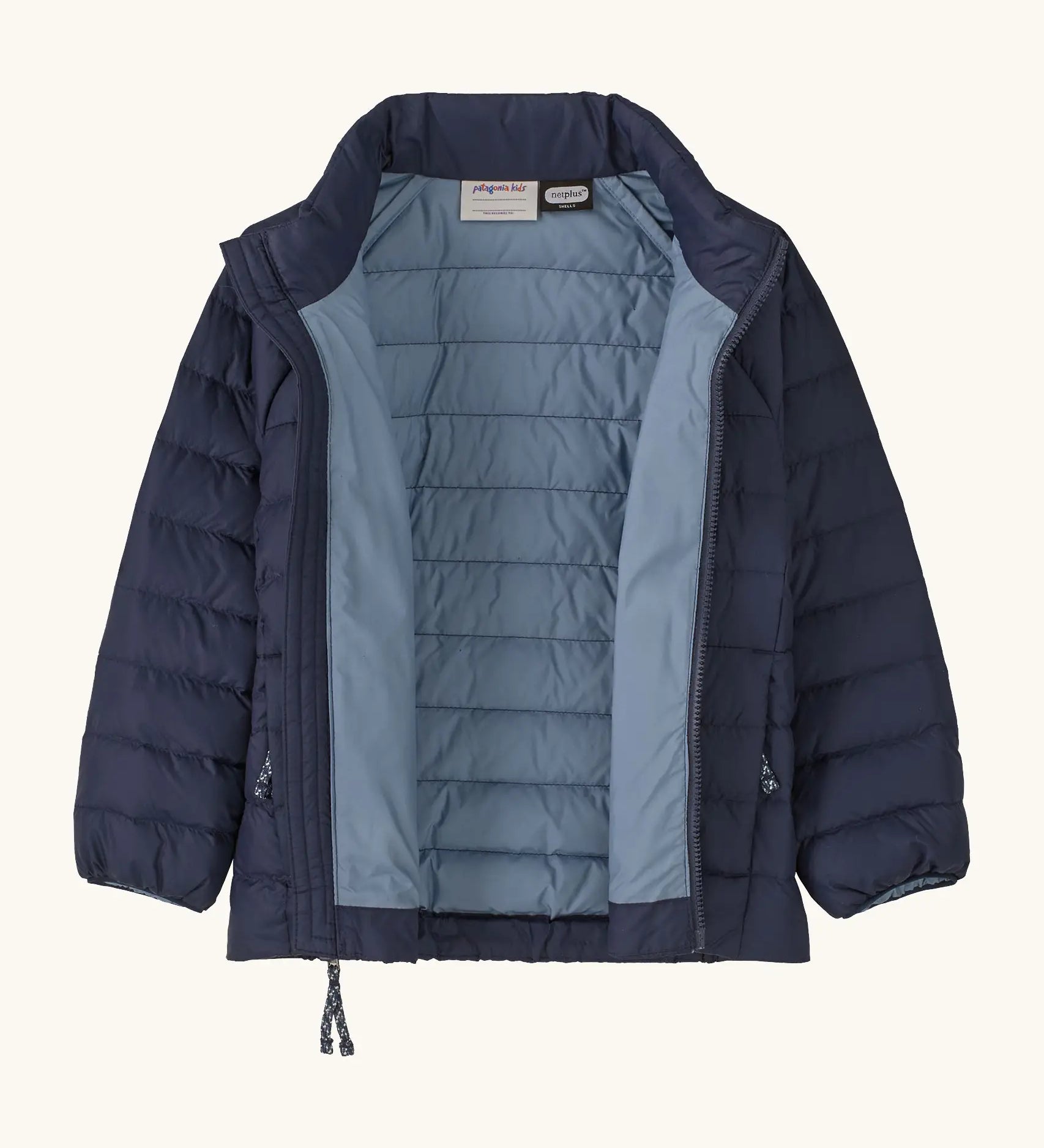 An open Patagonia water repellent little kids down puffer sweater jacket in navy showing quilt construction stitching and stand up collar