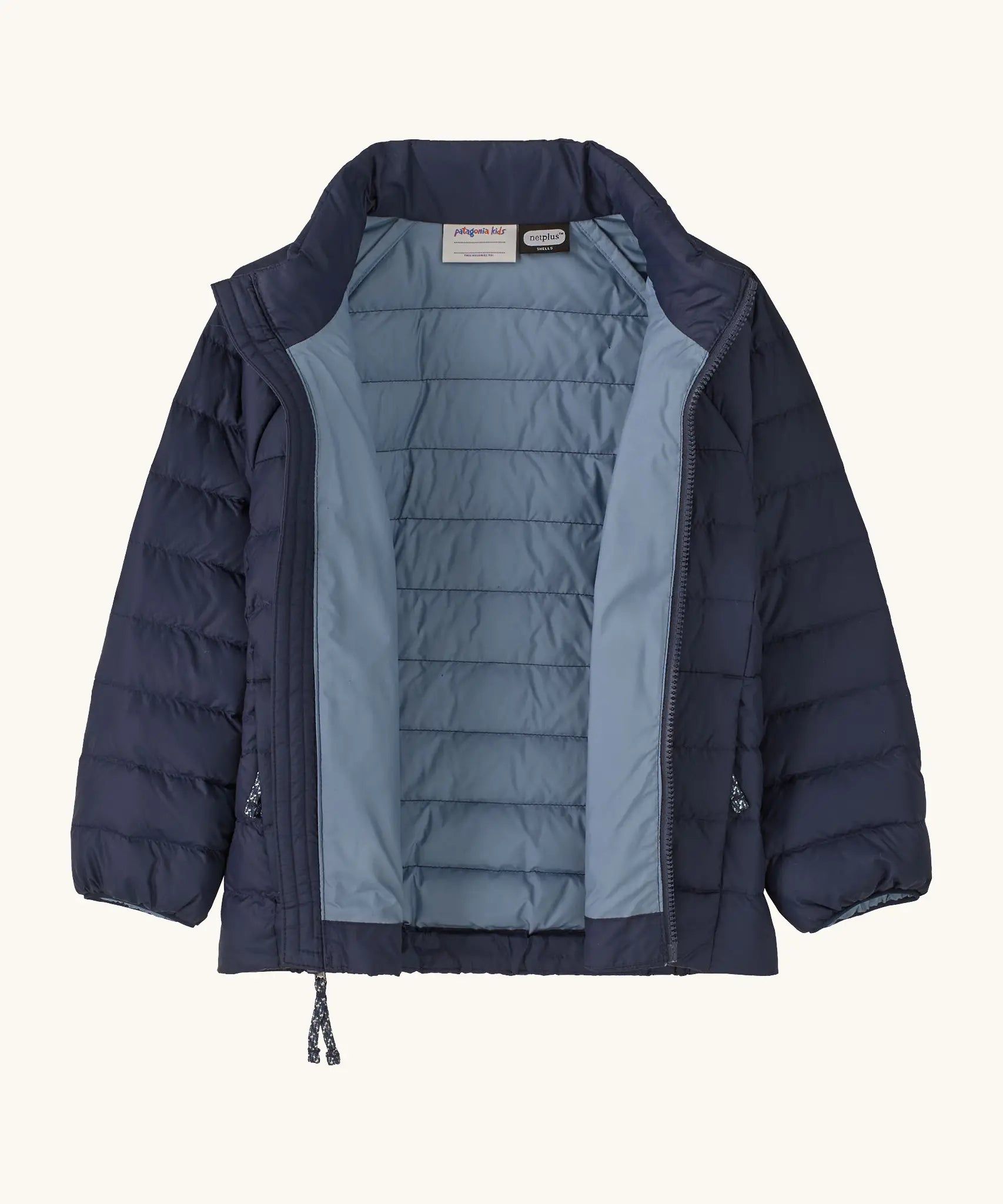 An open Patagonia water repellent little kids down puffer sweater jacket in navy showing quilt construction stitching and stand up collar