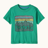 Patagonia little kids fitz roy skies short sleeve organic cotton t-shirt in green with large brand graphic on the front