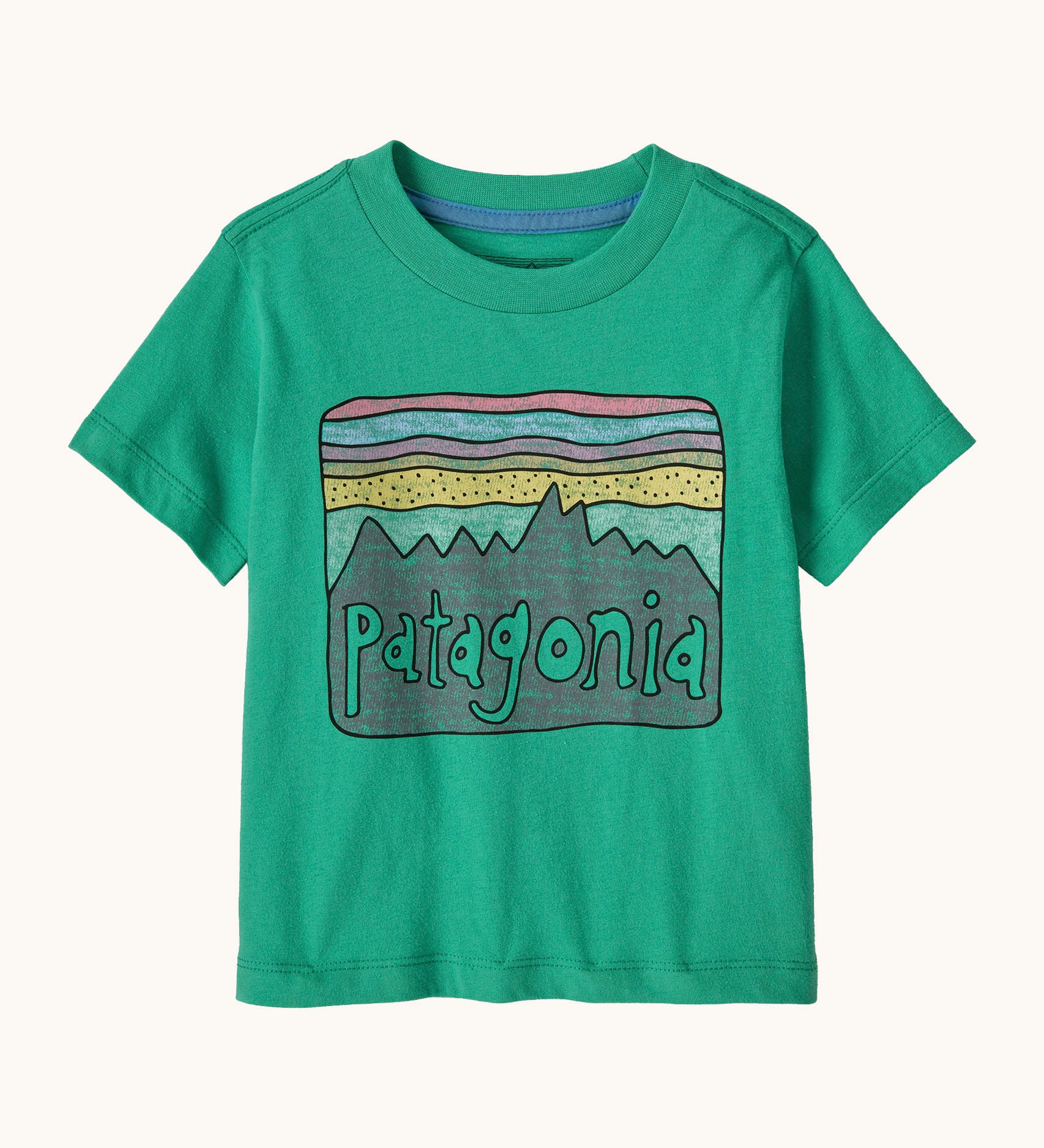 Patagonia little kids fitz roy skies short sleeve organic cotton t-shirt in green with large brand graphic on the front