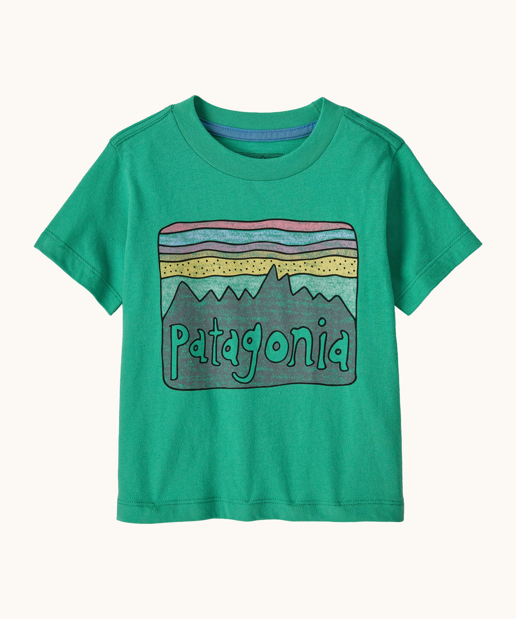 Patagonia little kids fitz roy skies short sleeve organic cotton t-shirt in green with large brand graphic on the front