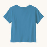 Back of Patagonia little kids fitz roy skies short sleeve organic cotton t-shirt in light blue 