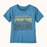 Patagonia little kids fitz roy skies short sleeve organic cotton t-shirt in light blue with large brand graphic on the front