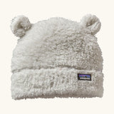 Patagonia Baby Furry Friends Hat in birch white. Cream High pile fleece hat with little bear-cub ear panels