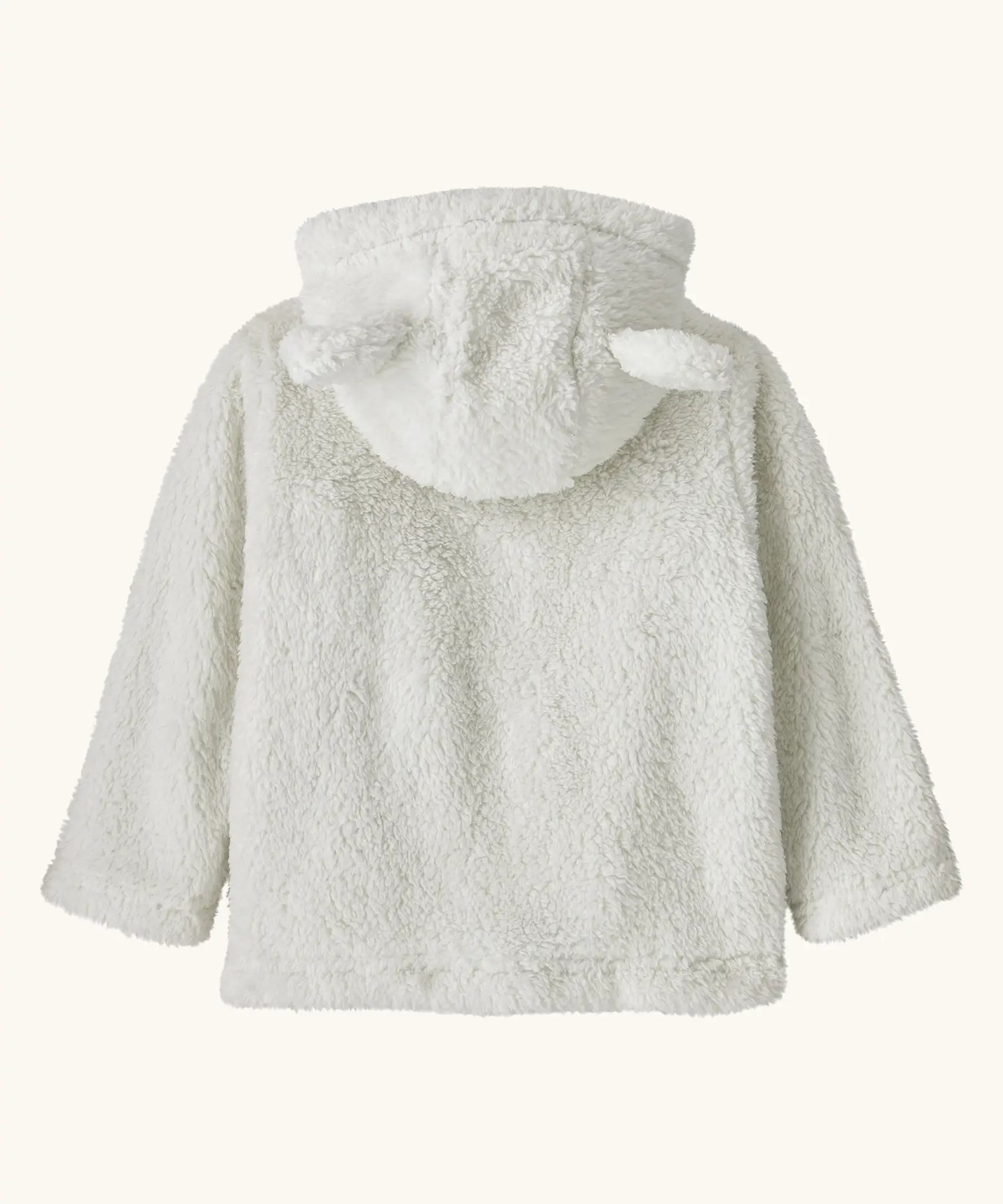 Patagonia baby furry friends hoody in birch white. The back of the soft high-pile recycled polyester fleece, the hood with the bear cub ears is down. 