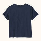 Back of Patagonia little kids organic cotton Fitz Roy superbloom short sleeve tshirt in navy. T-shirt has a relaxed fit