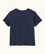 Back of Patagonia little kids organic cotton Fitz Roy superbloom short sleeve tshirt in navy. T-shirt has a relaxed fit