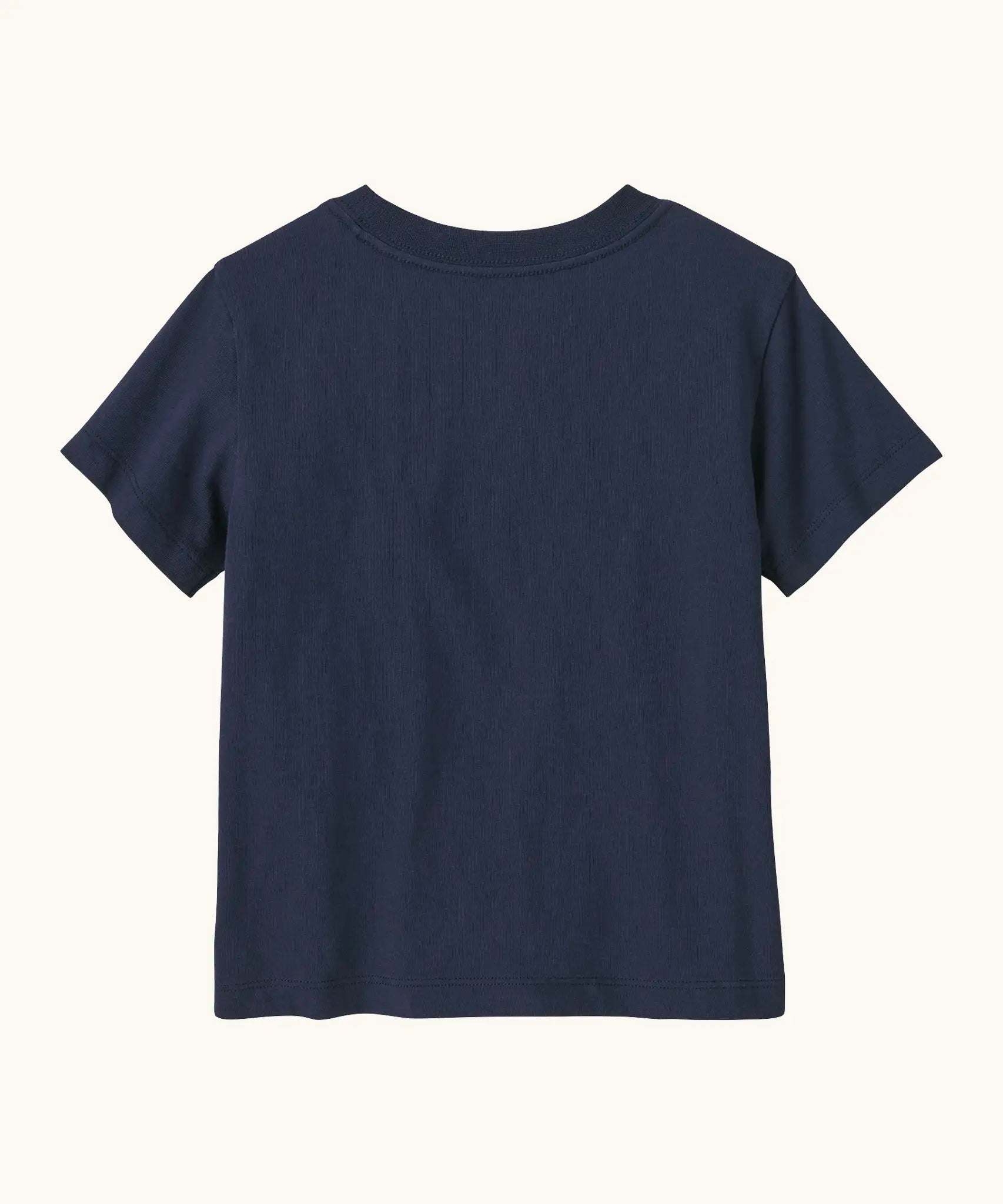 Back of Patagonia little kids organic cotton Fitz Roy superbloom short sleeve tshirt in navy. T-shirt has a relaxed fit