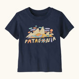Patagonia organic cotton little kids Fitz Roy superbloom short sleeve tshirt in navy with brand graphic on upper body 