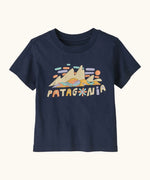 Patagonia organic cotton little kids Fitz Roy superbloom short sleeve tshirt in navy with brand graphic on upper body 