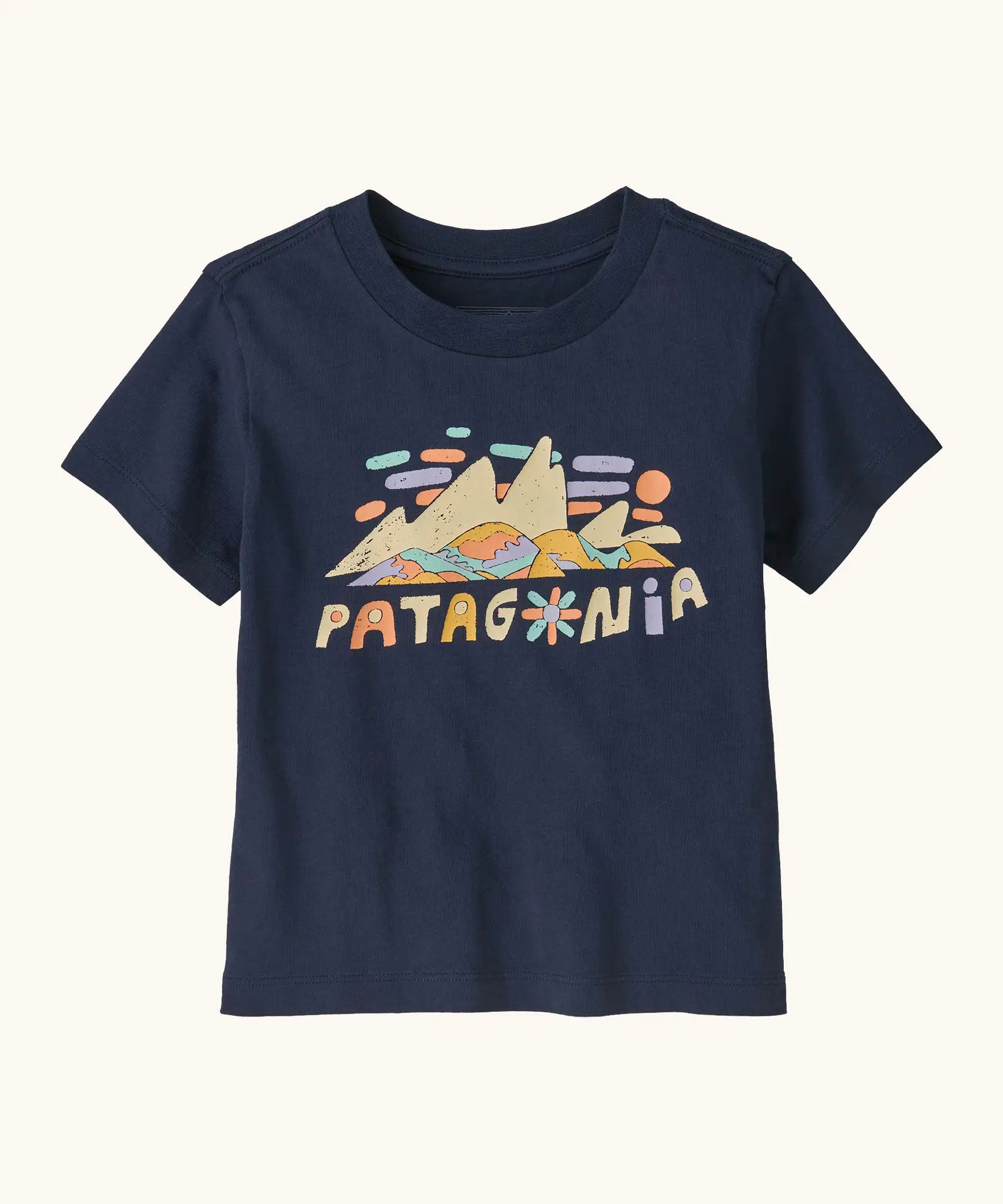 Patagonia organic cotton little kids Fitz Roy superbloom short sleeve tshirt in navy with brand graphic on upper body 