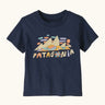 Patagonia organic cotton little kids Fitz Roy superbloom short sleeve tshirt in navy with brand graphic on upper body 