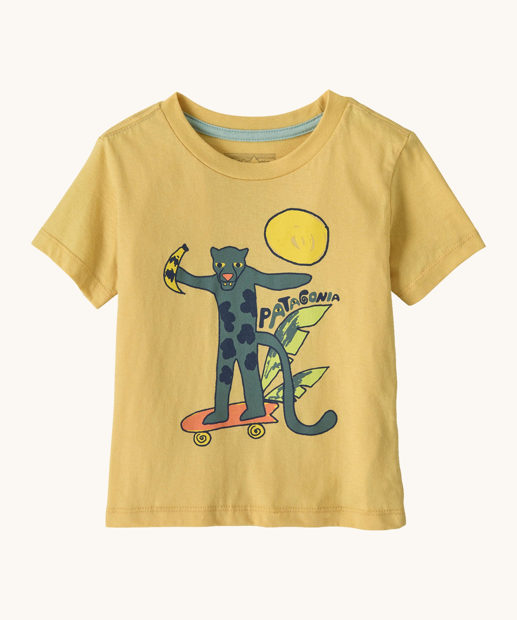 Patagonia organic cotton baby graphic t-shirt in yellow with a skating jaguar print on the front in a drawing style