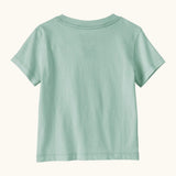 Back of Patagonia little kids organic cotton Fitz Roy superbloom short sleeve tshirt in mint green. T-shirt has a relaxed fit