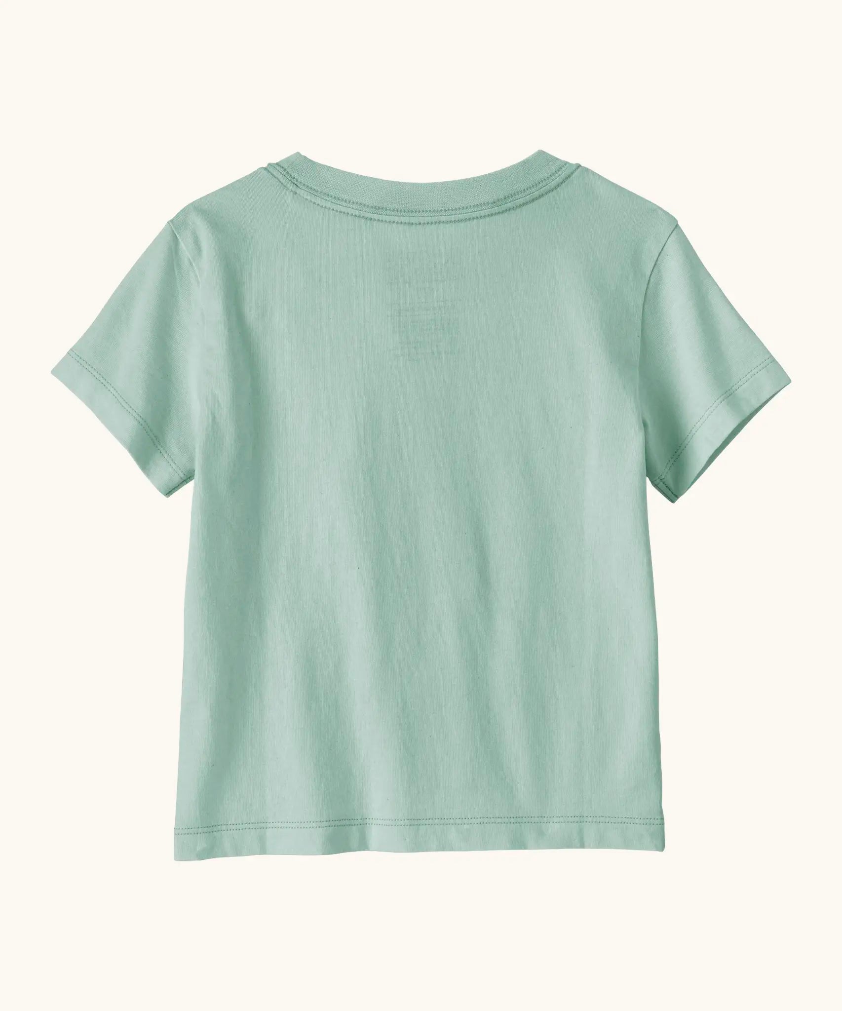 Back of Patagonia's little kids capeline short sleeve t-shirt in mint green. T-shirt has a relaxed fit