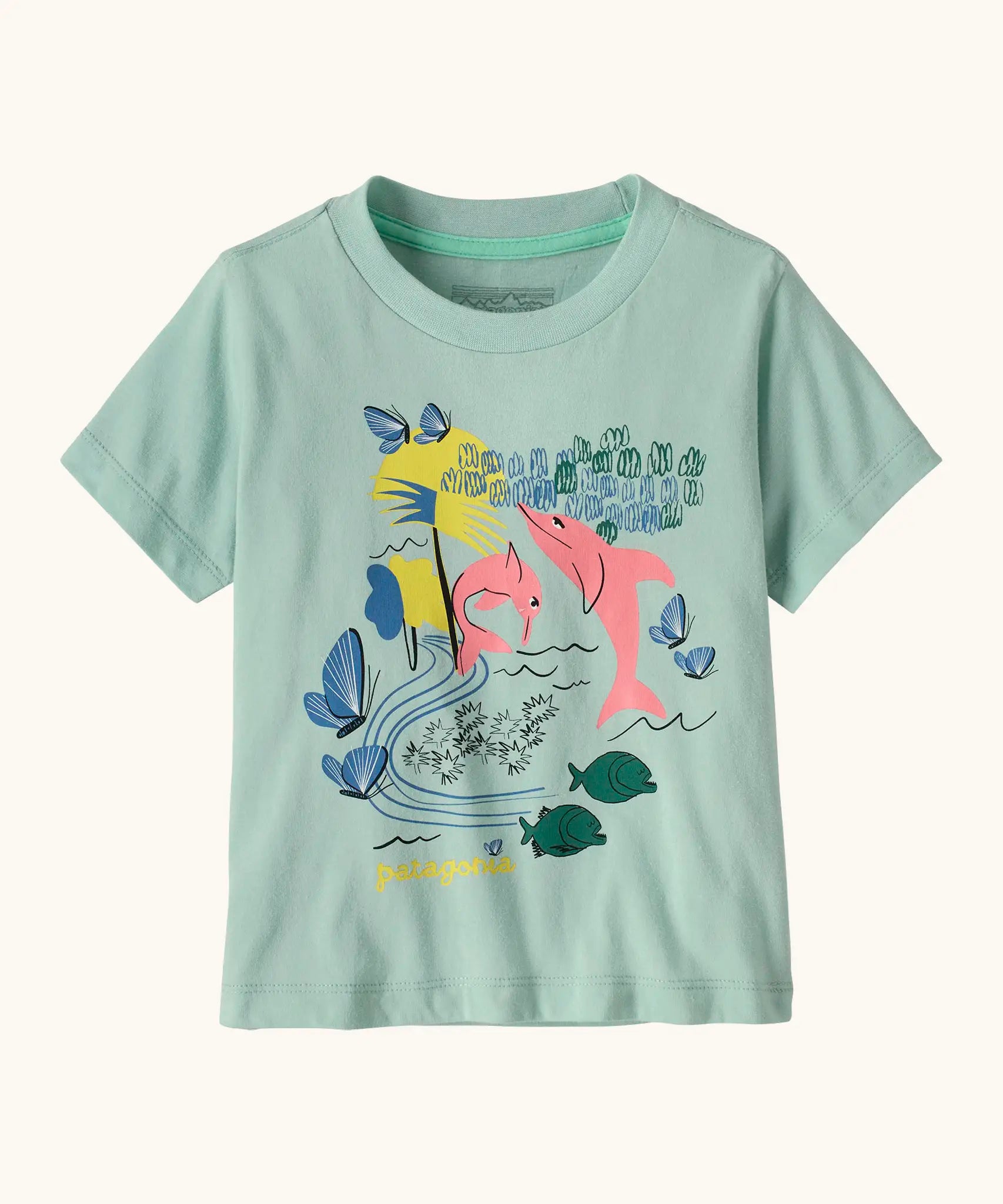 Patagonia organic cotton little kids Fitz Roy superbloom short sleeve tshirt in mint green with a pink dolphin graphic