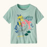 Patagonia organic cotton little kids Fitz Roy superbloom short sleeve tshirt in mint green with a pink dolphin graphic