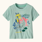 Patagonia's little kids capeline short sleeve t-shirt in mint green with a pink dolphin graphic on upper body