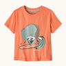 Patagonia organic cotton baby graphic t-shirt in pastel orange with a surfing shell print on the front in a drawing style
