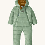 Patagonia little kids hi -loft down seater bunting snow suit in ellwood green available at Babipur. A pale green hooded all in one thick suit with a double zip fastener on the front 