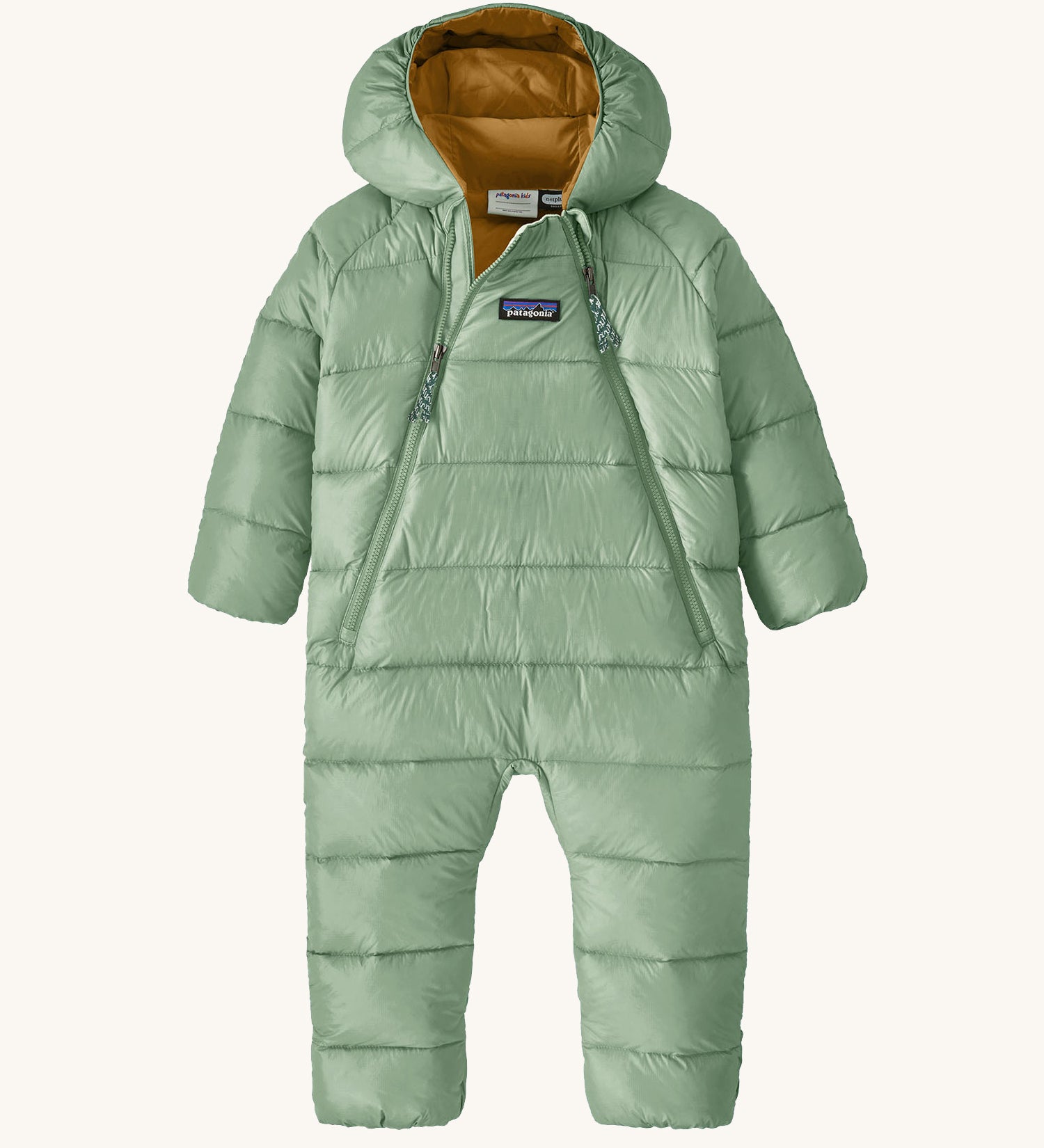 Patagonia little kids hi -loft down seater bunting snow suit in ellwood green available at Babipur. A pale green hooded all in one thick suit with a double zip fastener on the front 