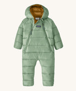 Patagonia little kids hi -loft down seater bunting snow suit in ellwood green available at Babipur. A pale green hooded all in one thick suit with a double zip fastener on the front 