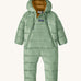 Patagonia little kids hi -loft down seater bunting snow suit in ellwood green available at Babipur. A pale green hooded all in one thick suit with a double zip fastener on the front 