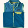 Patagonia baby micro d snap-t vest in blue with lighter blue upper body. Shows full front zip and green chest pocket