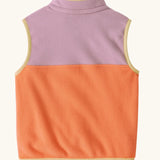 Back of Patagonia baby micro d snap-t vest in pale orange with purple upper body and yellow trim