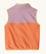 Back of Patagonia baby micro d snap-t vest in pale orange with purple upper body and yellow trim