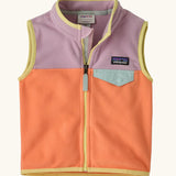 Patagonia baby micro d snap-t vest in pale orange with purple upper body. Shows full front zip and blue chest pocket