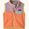 Patagonia baby micro d snap-t vest in pale orange with purple upper body. Shows full front zip and blue chest pocket