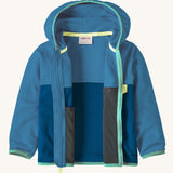 A open Patagonia little kids hooded micro d snap t jacket in blue. Showing the inner detailing