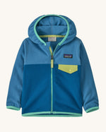 Patagonia little kids hooded micro d snap t jacket in blue. Shows a full length zip and small green chest pocket 