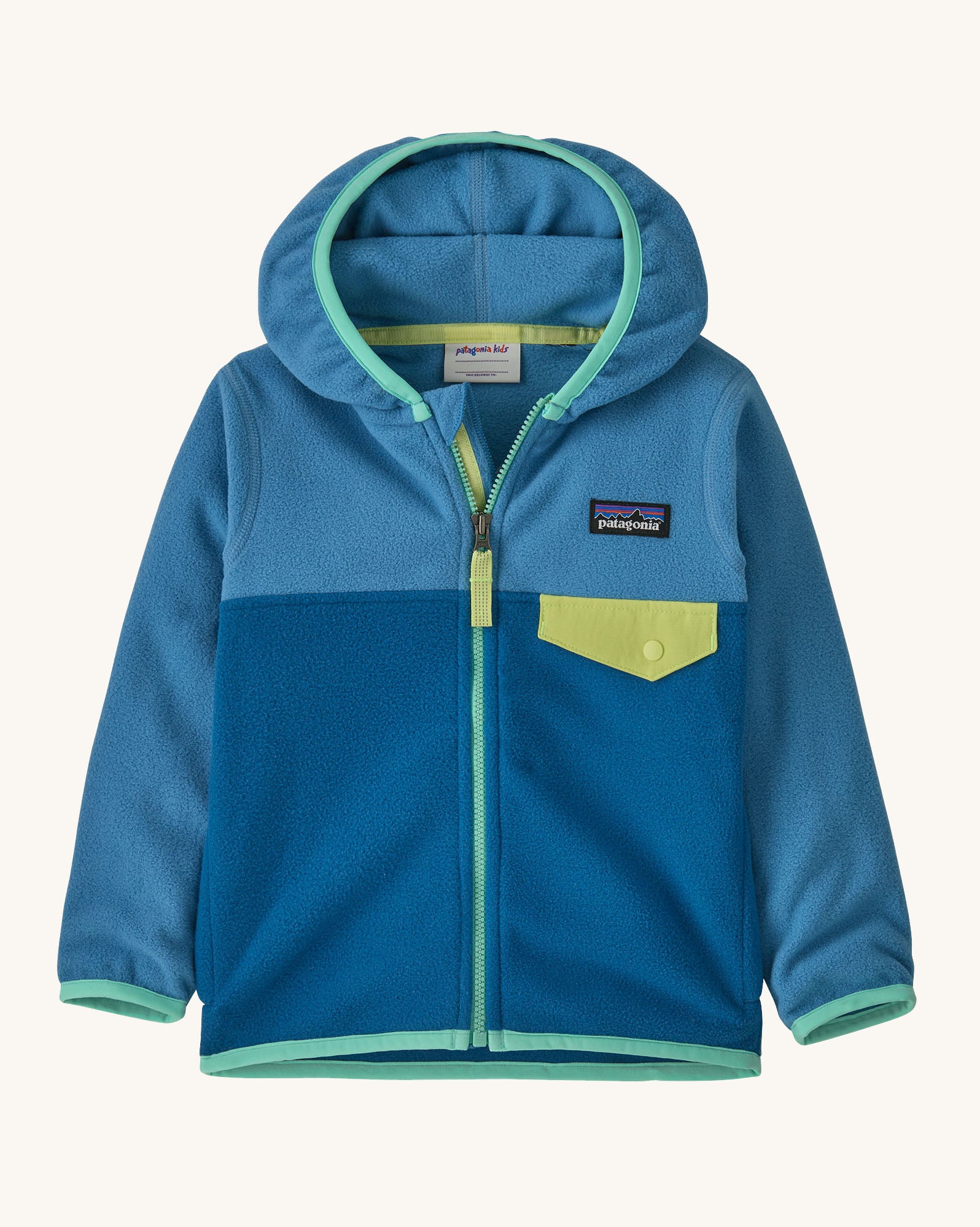 Patagonia little kids hooded micro d snap t jacket in blue. Shows a full length zip and small green chest pocket 