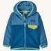Patagonia little kids hooded micro d snap t jacket in blue. Shows a full length zip and small green chest pocket 