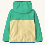 Back of Patagonia little kids hooded micro d snap t jacket in yellow with green upper body with the hood down