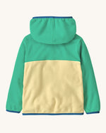 Back of Patagonia little kids hooded micro d snap t jacket in yellow with green upper body with the hood down