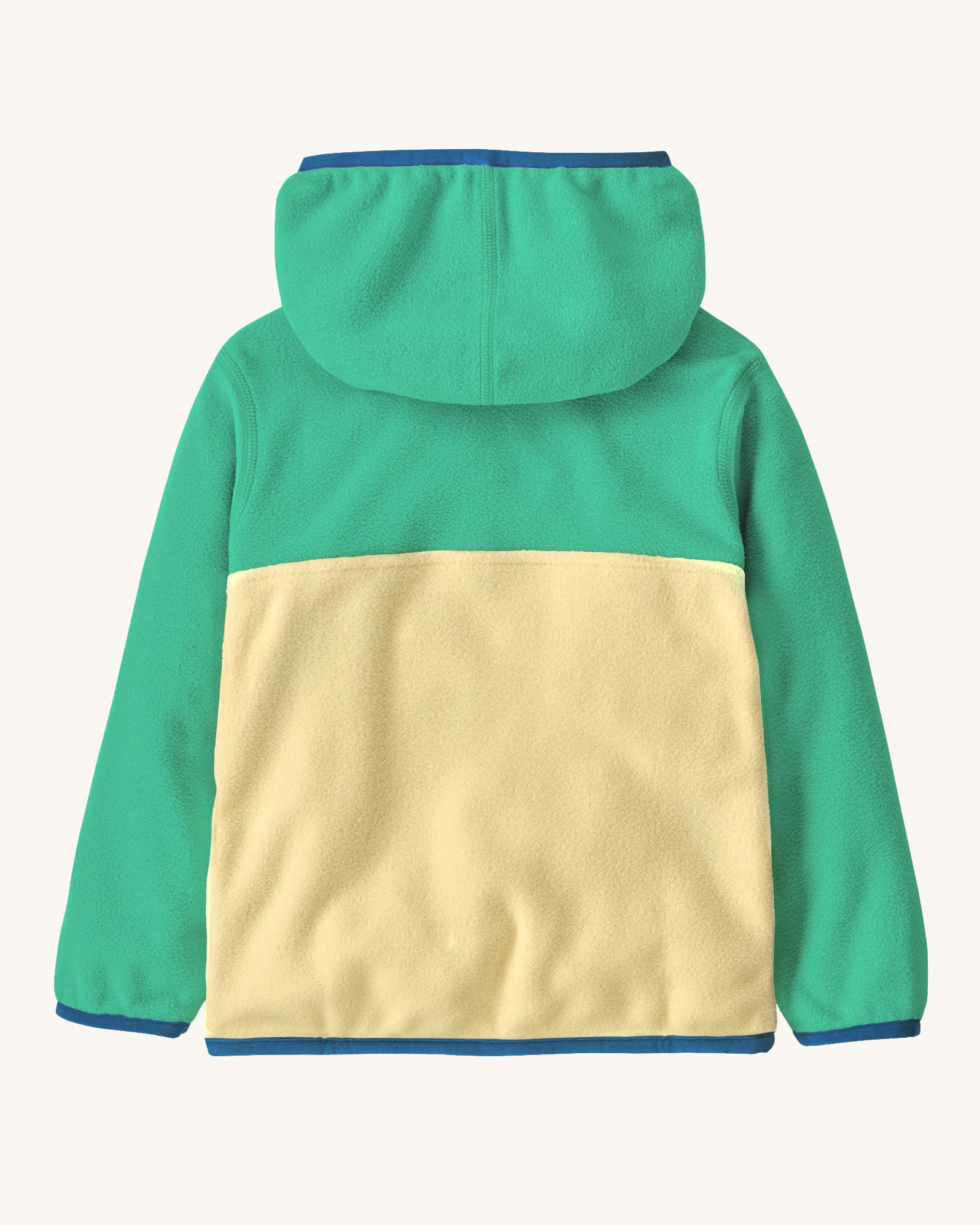 Back of Patagonia little kids hooded micro d snap t jacket in yellow with green upper body with the hood down