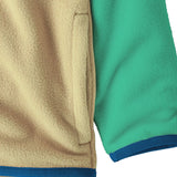 Close up of Patagonia little kids hooded micro d snap t jacket in yellow and green. Showing the side pocket 