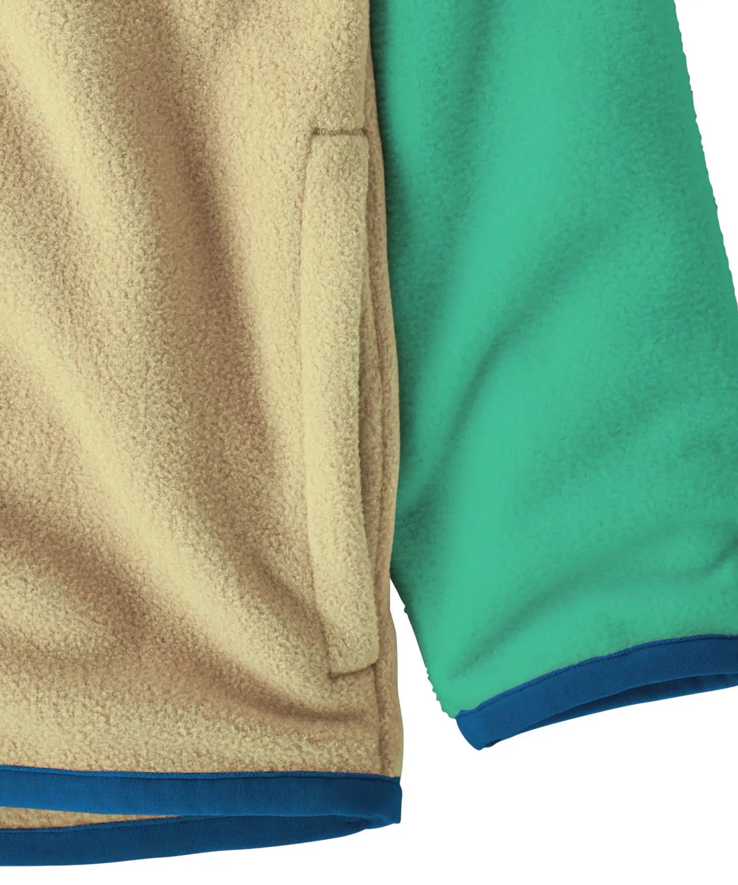 Close up of Patagonia little kids hooded micro d snap t jacket in yellow and green. Showing the side pocket 