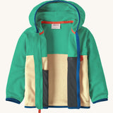 A open Patagonia little kids hooded micro d snap t jacket in yellow and green upper body. Showing the inner detailing
