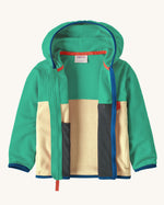 A open Patagonia little kids hooded micro d snap t jacket in yellow and green upper body. Showing the inner detailing