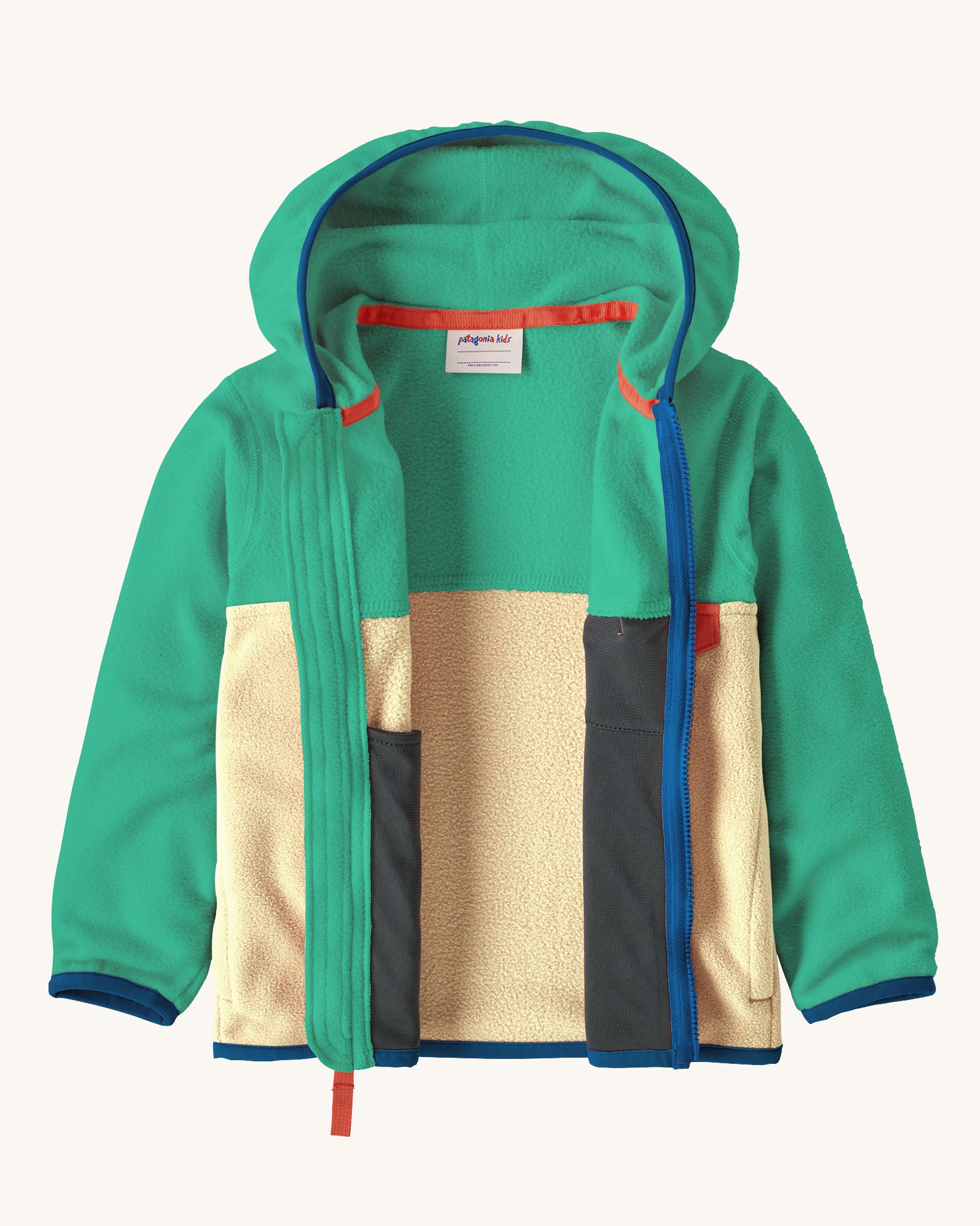 A open Patagonia little kids hooded micro d snap t jacket in yellow and green upper body. Showing the inner detailing