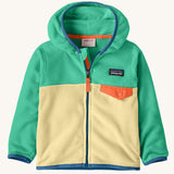 Patagonia little kids hooded micro-d snap t jacket in yellow with green upper body with full front zip and chest pocket with orange flap