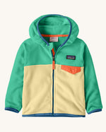 Patagonia little kids hooded micro-d snap t jacket in yellow with green upper body with full front zip and chest pocket with orange flap